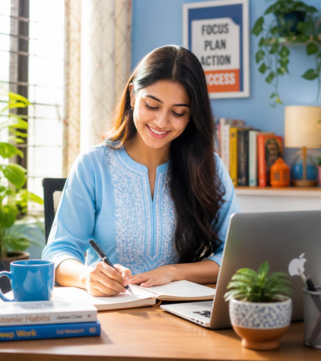Woman writing in a notebook at her home desk