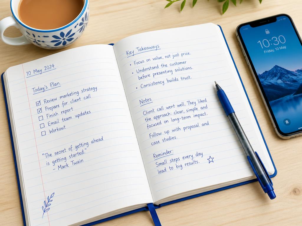 Open notebook with neat handwriting, pen and smartphone on a desk